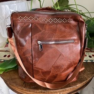 Faux Patchwork Leather Xtra Large Cognac Backpack with tote and Shoulder Strap